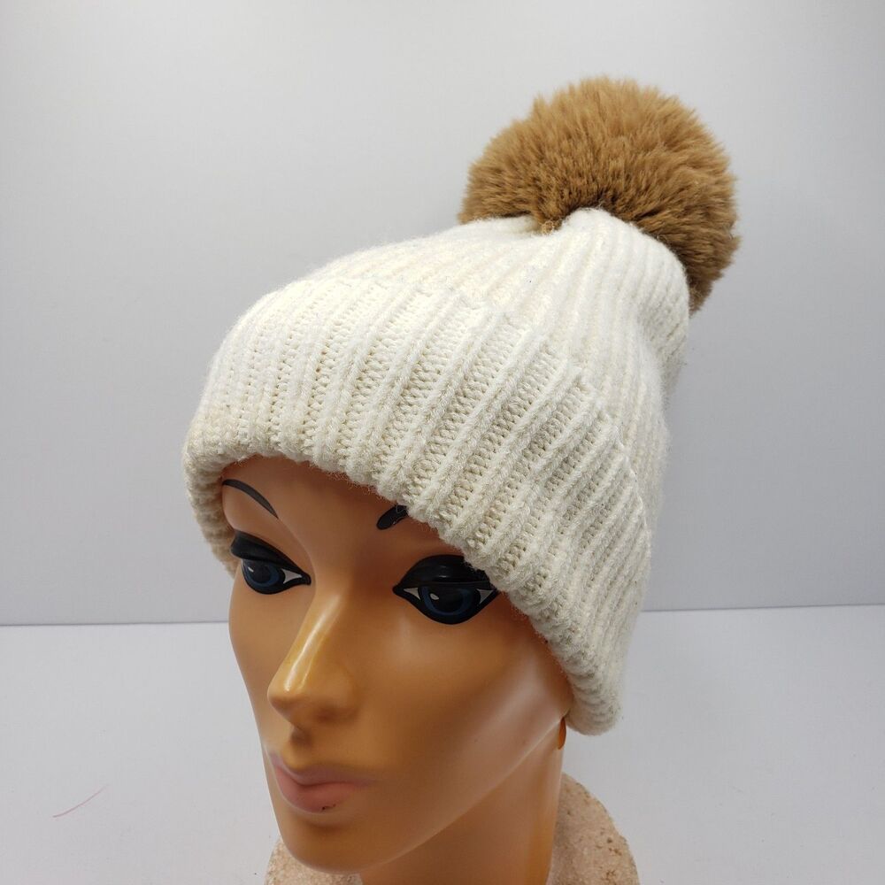Norla Canada Wool Blend Ribbed Knit Beanie Hat Ivory White Brown Pom Pom Cuffed